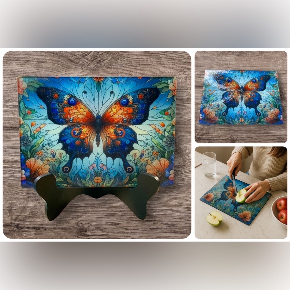 Handmade Sublimated Butterfly Cutting Board New Tempered Glass 8”x 11”